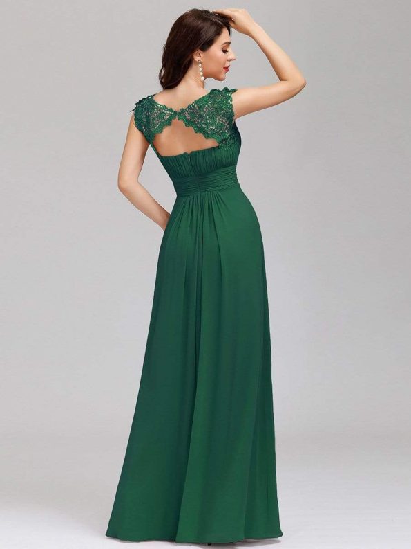 Elegant Lace Cap Sleeve Maxi Long Chiffon Bridesmaid Dress - Dark Green