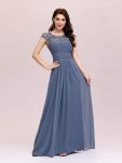 Elegant Maxi Long Lace Bridesmaid Dress with Cap Sleeve – Dusty Navy