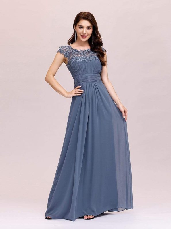 Elegant Maxi Long Lace Bridesmaid Dress with Cap Sleeve - Dusty Navy