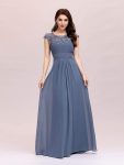 Elegant Maxi Long Lace Bridesmaid Dress with Cap Sleeve – Dusty Navy