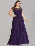 Elegant Lace Cap Sleeve Maxi Long Chiffon Bridesmaid Dress – Dark Purple