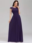 Elegant Lace Cap Sleeve Maxi Long Chiffon Bridesmaid Dress – Dark Purple