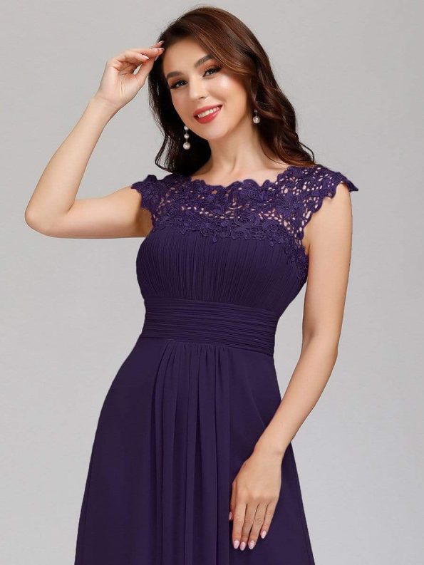 Elegant Lace Cap Sleeve Maxi Long Chiffon Bridesmaid Dress - Dark Purple