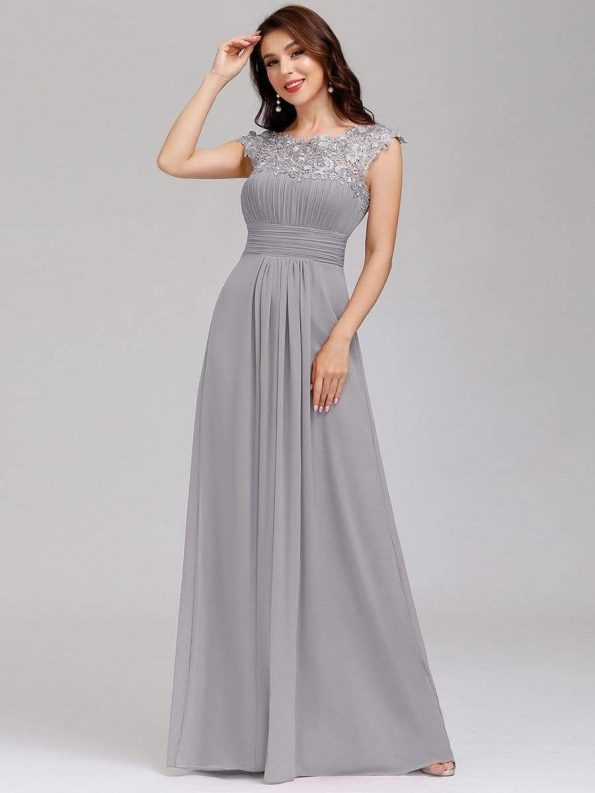 Elegant Lace Cap Sleeve Maxi Long Chiffon Bridesmaid Dress - Grey