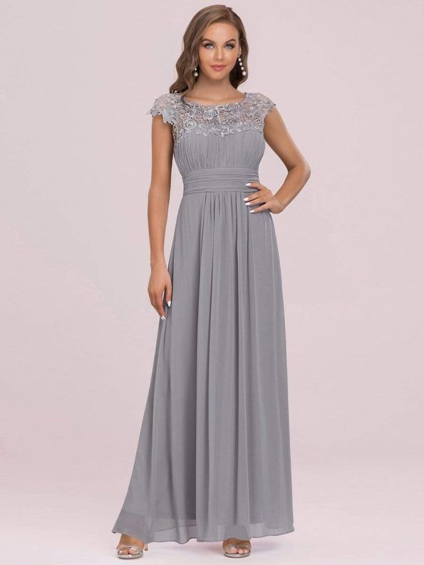 Elegant Lace Cap Sleeve Maxi Long Chiffon Bridesmaid Dress - Grey