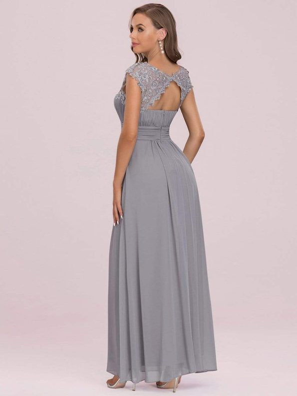 Elegant Lace Cap Sleeve Maxi Long Chiffon Bridesmaid Dress - Grey