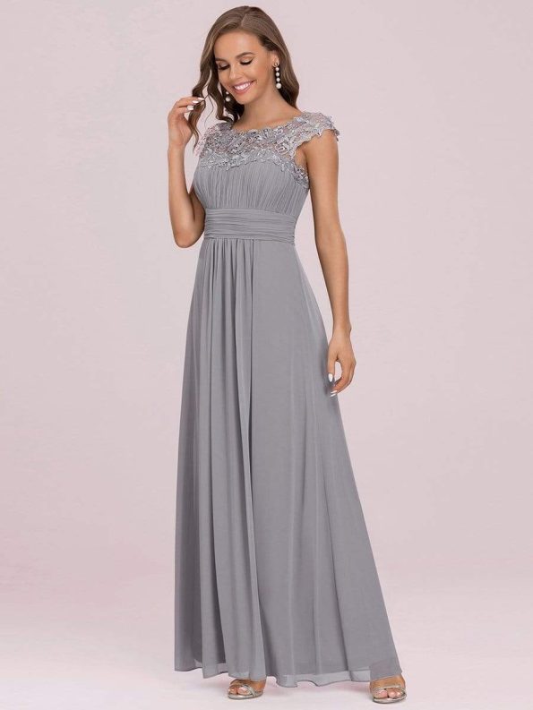 Elegant Lace Cap Sleeve Maxi Long Chiffon Bridesmaid Dress - Grey