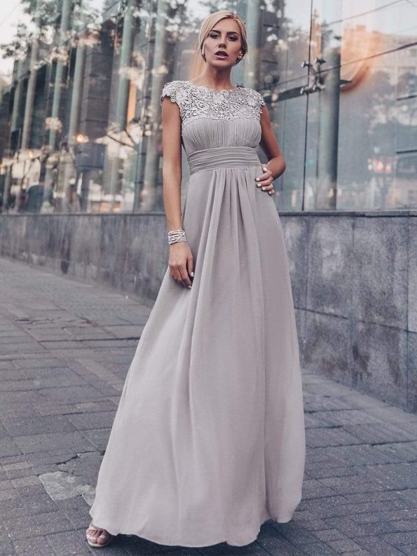 Elegant Lace Cap Sleeve Maxi Long Chiffon Bridesmaid Dress - Grey