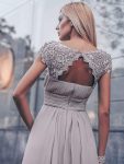 Elegant Lace Cap Sleeve Maxi Long Chiffon Bridesmaid Dress – Grey