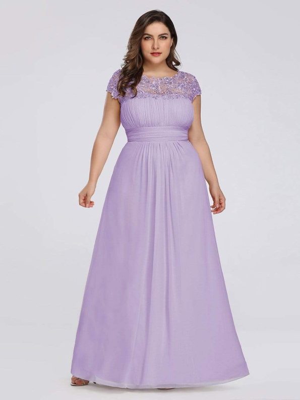 Elegant Maxi Long Lace Bridesmaid Dress with Cap Sleeve - Lavender