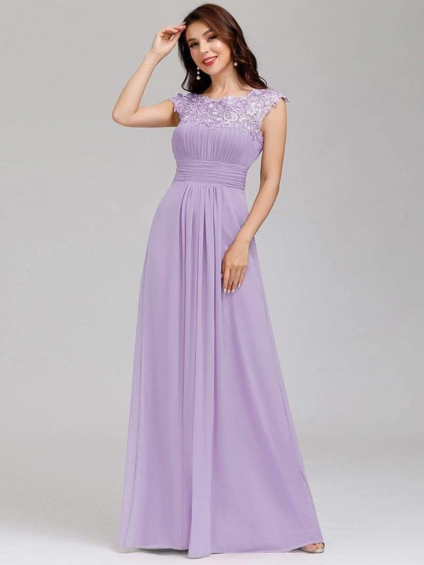 Elegant Maxi Long Lace Bridesmaid Dress with Cap Sleeve - Lavender