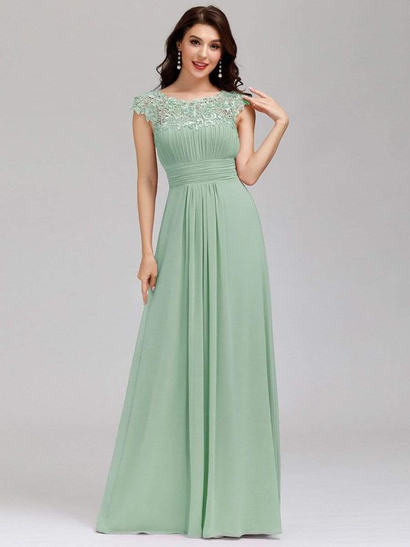 Elegant Lace Cap Sleeve Maxi Long Chiffon Bridesmaid Dress - Mint Green