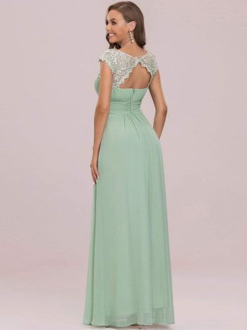 Elegant Lace Cap Sleeve Maxi Long Chiffon Bridesmaid Dress - Mint Green