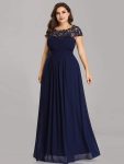 Elegant Maxi Long Lace Bridesmaid Dress with Cap Sleeve – Navy Blue