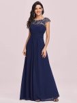 Elegant Maxi Long Lace Bridesmaid Dress with Cap Sleeve – Navy Blue