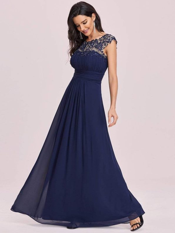 Elegant Maxi Long Lace Bridesmaid Dress with Cap Sleeve - Navy Blue