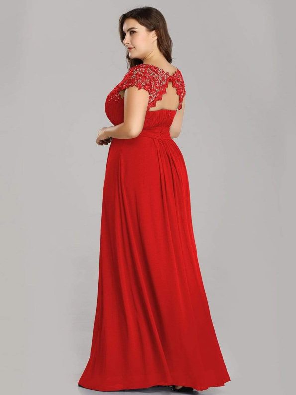 Elegant Maxi Long Lace Bridesmaid Dress with Cap Sleeve - Red