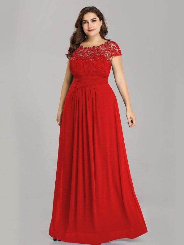 Elegant Maxi Long Lace Bridesmaid Dress with Cap Sleeve - Red