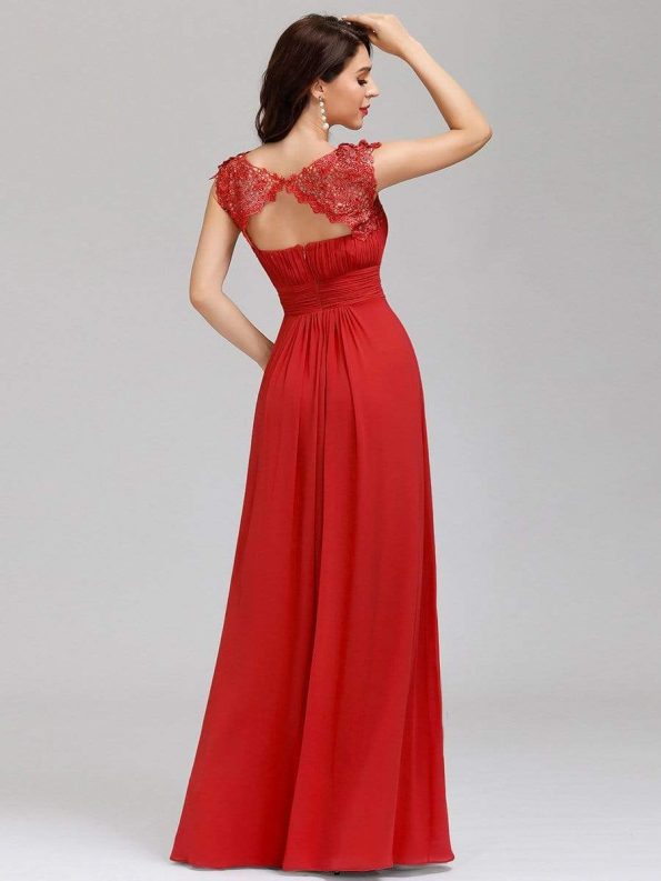 Elegant Maxi Long Lace Bridesmaid Dress with Cap Sleeve - Red