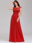 Elegant Maxi Long Lace Bridesmaid Dress with Cap Sleeve – Red