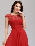 Elegant Maxi Long Lace Bridesmaid Dress with Cap Sleeve – Red