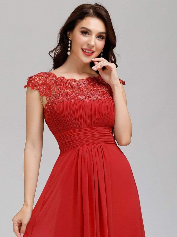 Elegant Maxi Long Lace Bridesmaid Dress with Cap Sleeve - Red