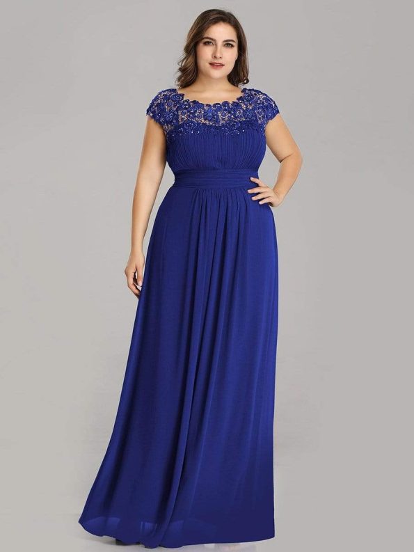 Elegant Lace Cap Sleeve Maxi Long Chiffon Bridesmaid Dress - Sapphire Blue