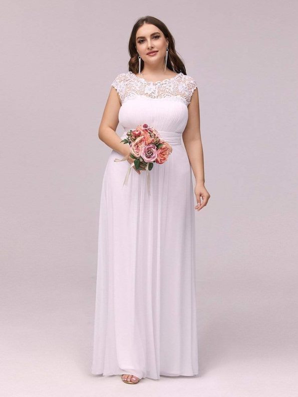 Elegant Maxi Long Lace Bridesmaid Dress with Cap Sleeve - White