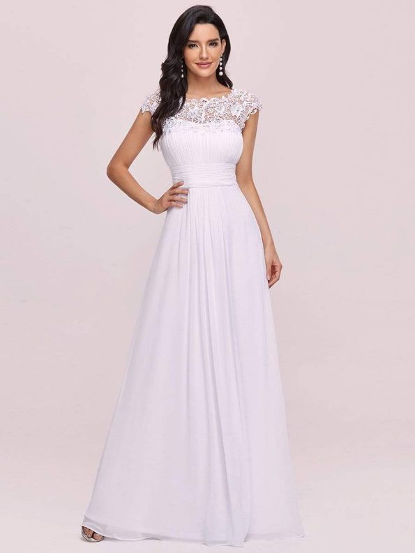 Elegant Maxi Long Lace Bridesmaid Dress with Cap Sleeve - White