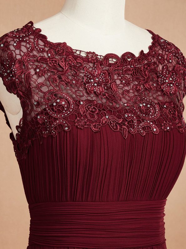 Maxi Lace Cap Sleeve Long Formal Evening Dress - Burgundy