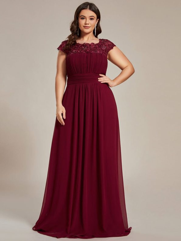 Elegant Maxi Long Lace Cap Sleeve Bridesmaid Dress - Burgundy