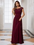 Maxi Lace Cap Sleeve Long Formal Evening Dress – Burgundy