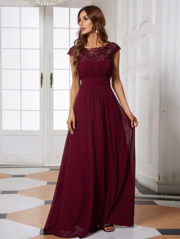 Maxi Lace Cap Sleeve Long Formal Evening Dress - Burgundy