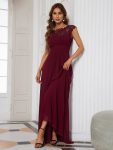 Maxi Lace Cap Sleeve Long Formal Evening Dress – Burgundy