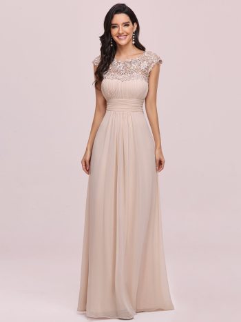 Maxi Lace Cap Sleeve Long Formal Evening Dress - Blush