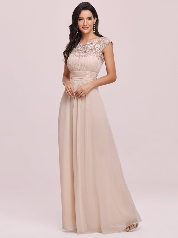 Maxi Lace Cap Sleeve Long Formal Evening Dress - Blush