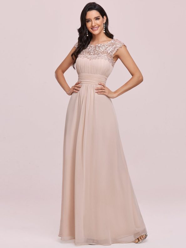 Maxi Lace Cap Sleeve Long Formal Evening Dress - Blush