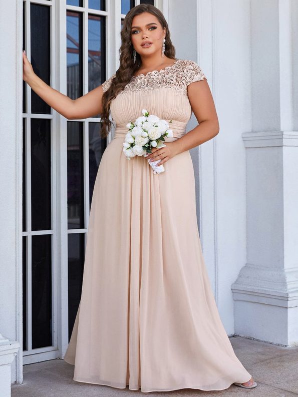 Maxi Lace Cap Sleeve Long Formal Evening Dress - Blush