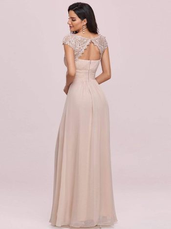 Elegant Maxi Long Lace Cap Sleeve Bridesmaid Dress - Blush