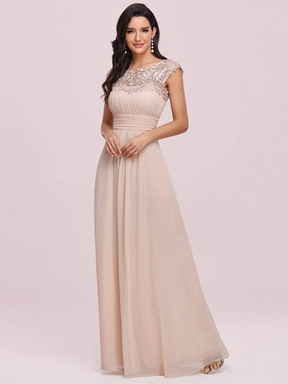 Elegant Maxi Long Lace Cap Sleeve Bridesmaid Dress - Blush