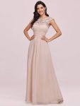 Elegant Maxi Long Lace Cap Sleeve Bridesmaid Dress – Blush