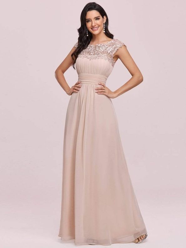 Elegant Maxi Long Lace Cap Sleeve Bridesmaid Dress - Blush