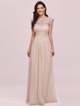 Elegant Maxi Long Lace Cap Sleeve Bridesmaid Dress – Blush