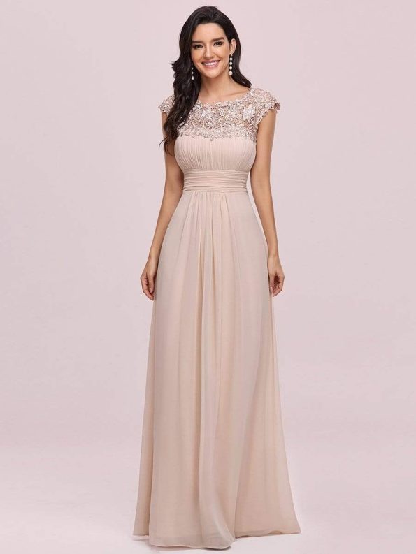 Elegant Maxi Long Lace Cap Sleeve Bridesmaid Dress - Blush