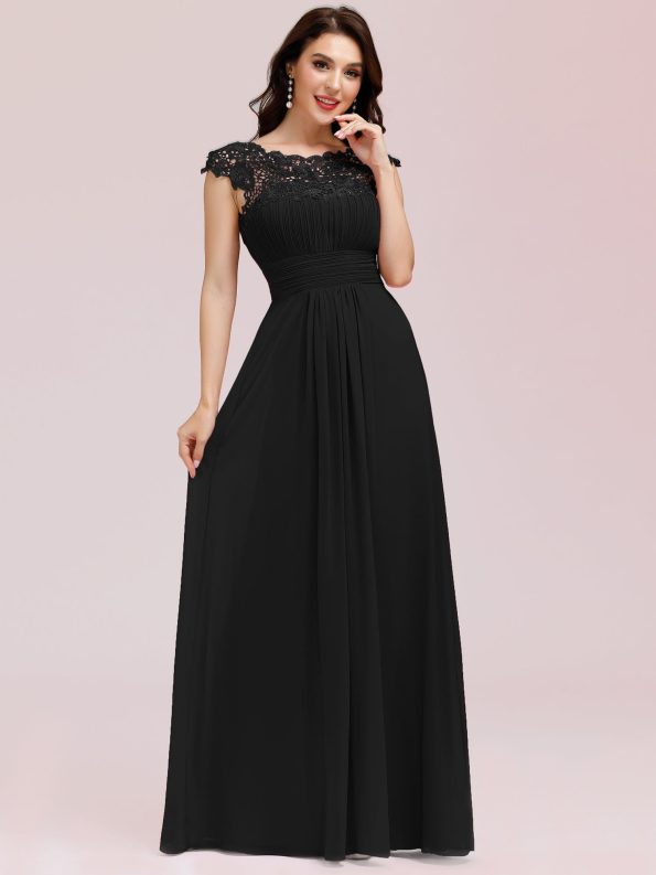 Maxi Lace Cap Sleeve Long Formal Evening Dress - Black