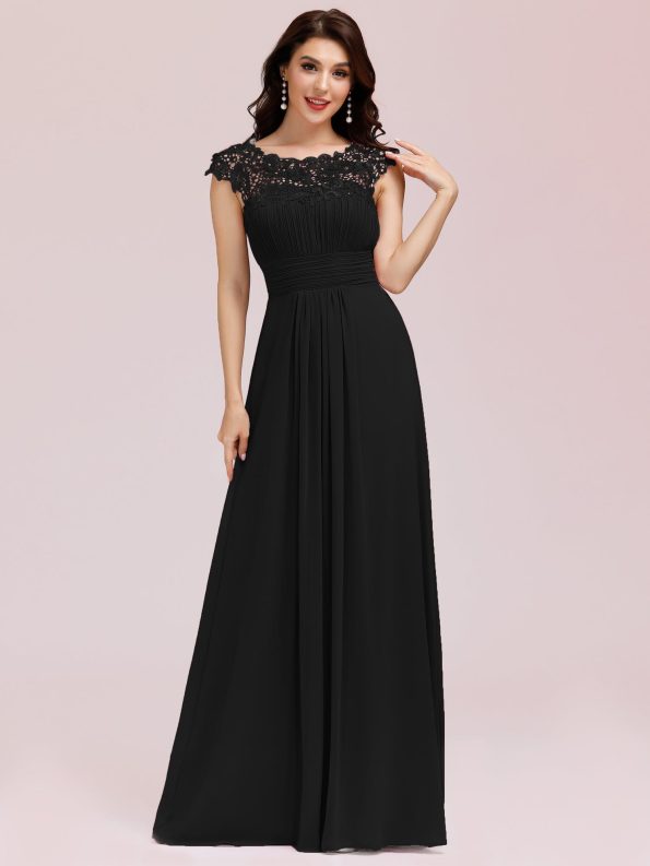 Maxi Lace Cap Sleeve Long Formal Evening Dress - Black