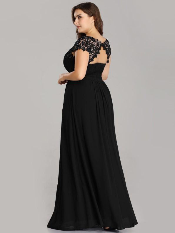 Maxi Lace Cap Sleeve Long Formal Evening Dress - Black