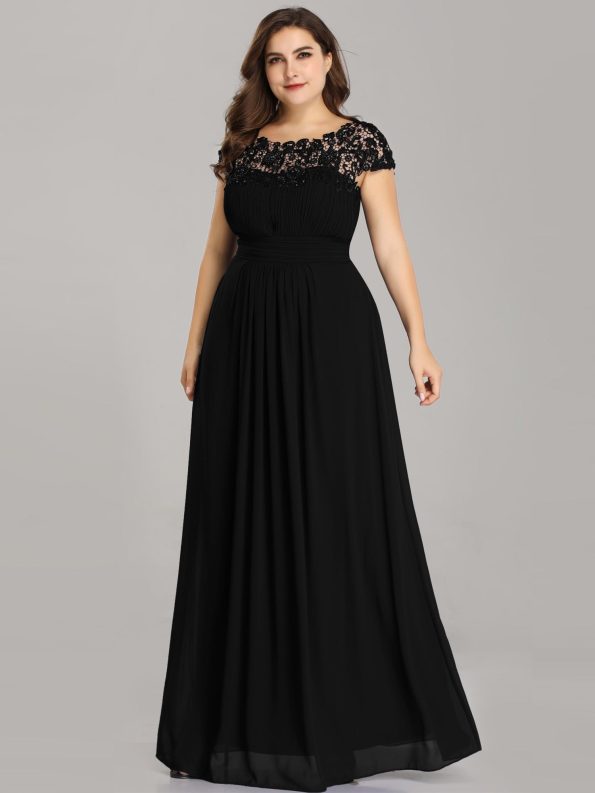 Maxi Lace Cap Sleeve Long Formal Evening Dress - Black