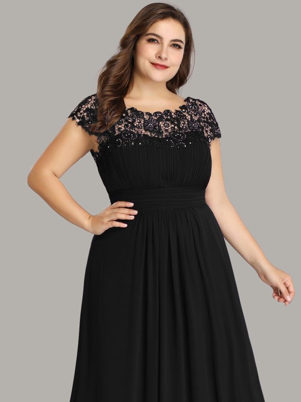 Maxi Lace Cap Sleeve Long Formal Evening Dress - Black