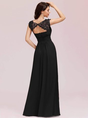 Elegant Maxi Long Lace Cap Sleeve Bridesmaid Dress - Black